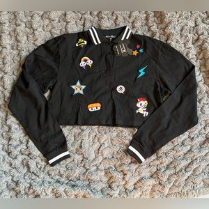 Dolls Kill x Tokidoki Long Sleeve Patch Crop Top with Collar Black Rainbow